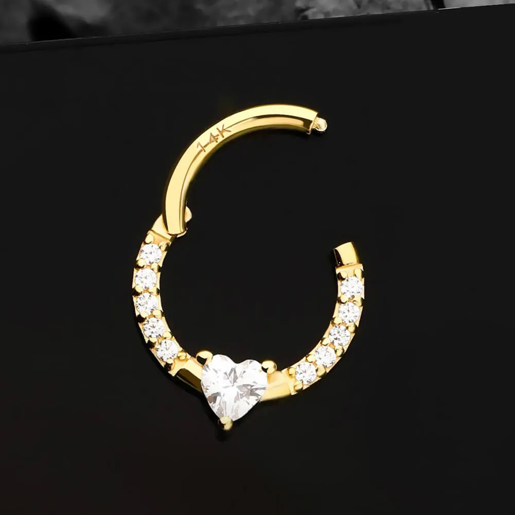 14K Solid Gold 16G Clear Heart CZ Septum Ring