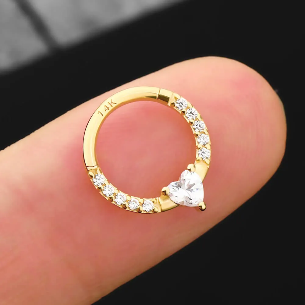 14K Solid Gold 16G Clear Heart CZ Septum Ring