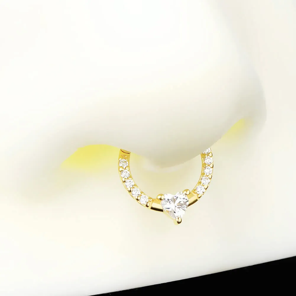 14K Solid Gold 16G Clear Heart CZ Septum Ring