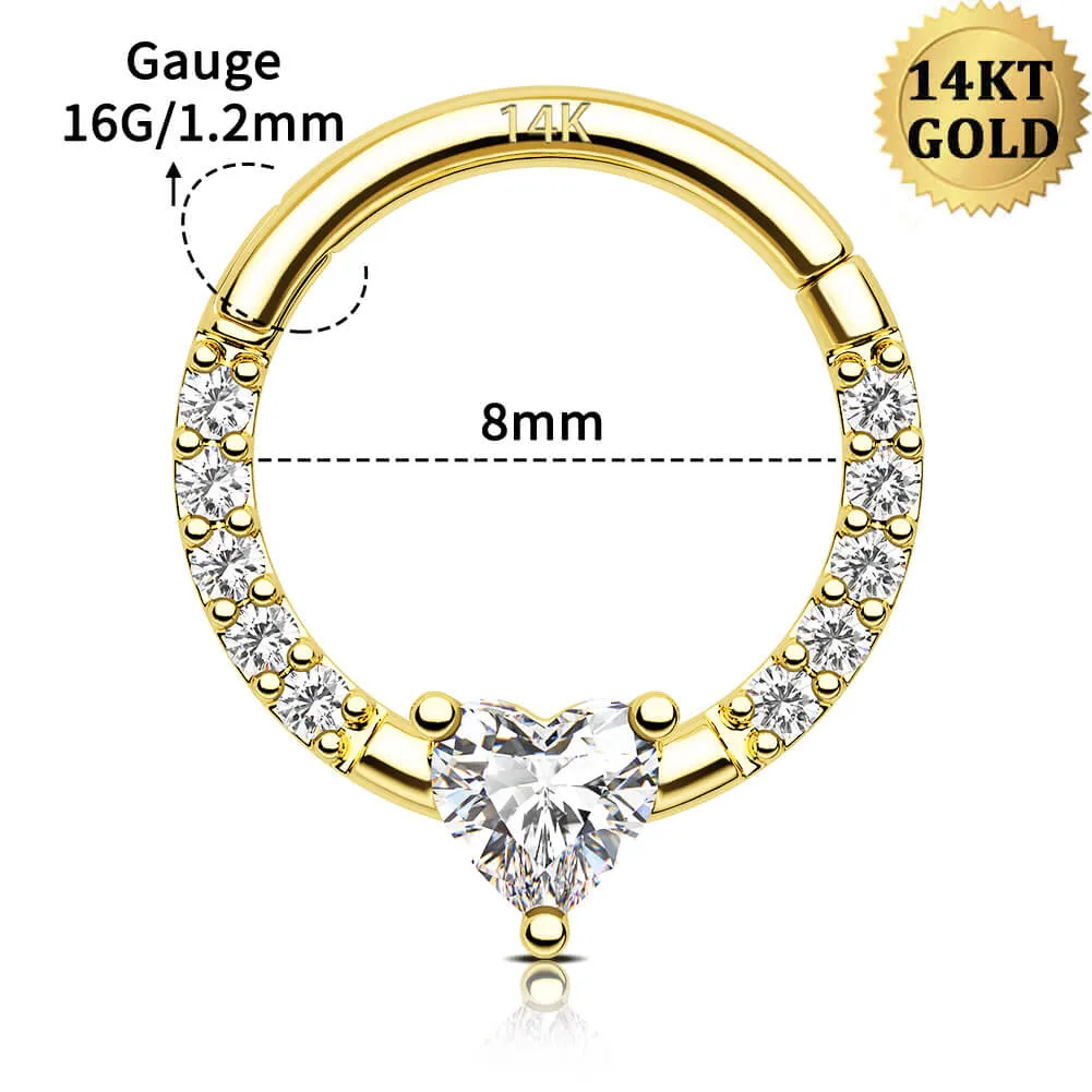 14K Solid Gold 16G Clear Heart CZ Septum Ring