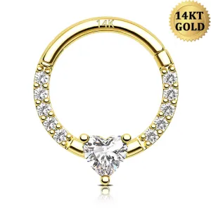 14K Solid Gold 16G Clear Heart CZ Septum Ring