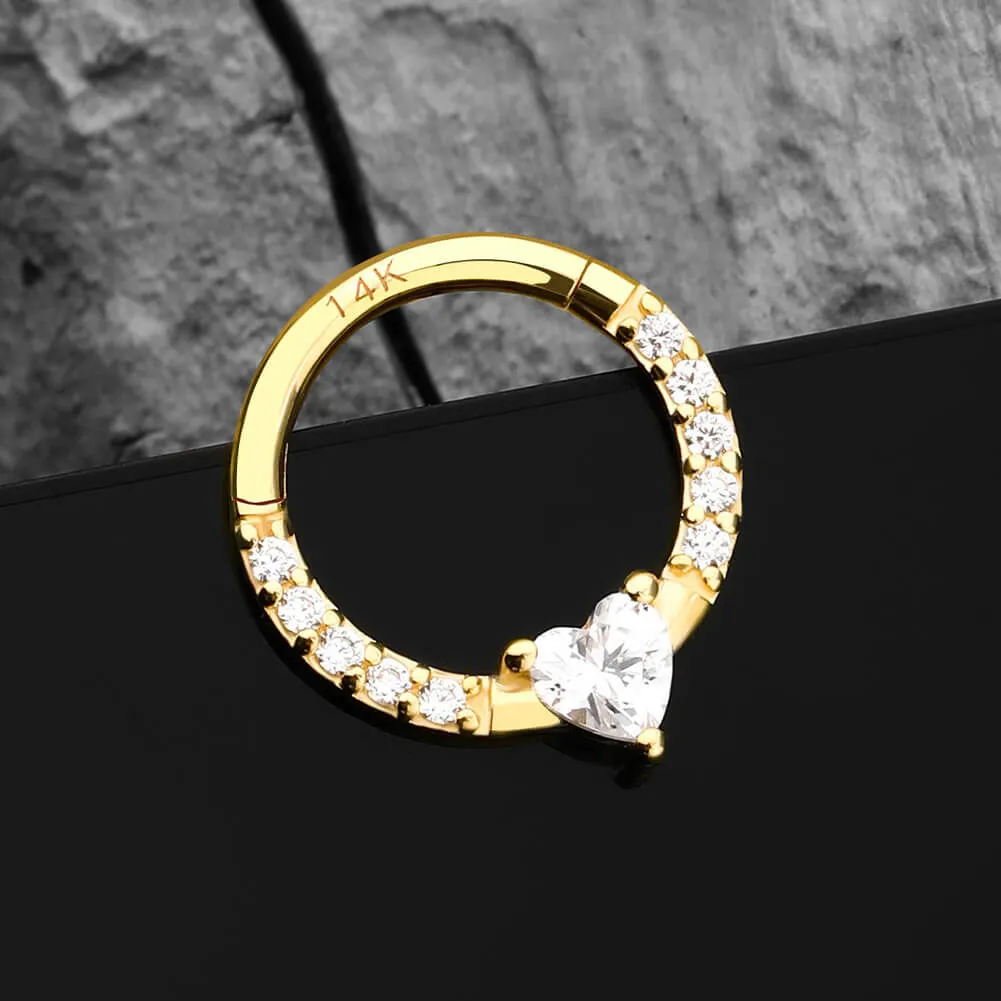 14K Solid Gold 16G Clear Heart CZ Septum Ring