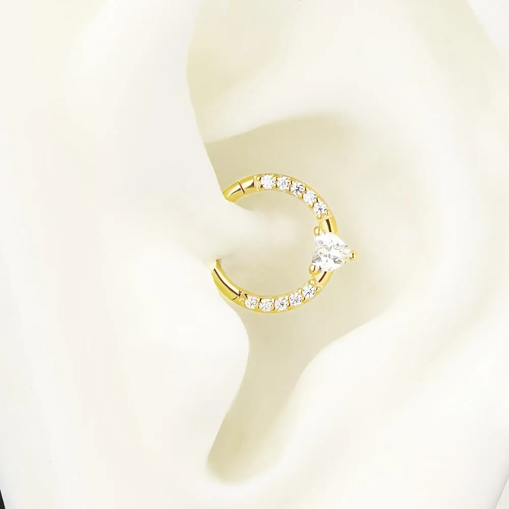 14K Solid Gold 16G Clear Heart CZ Septum Ring