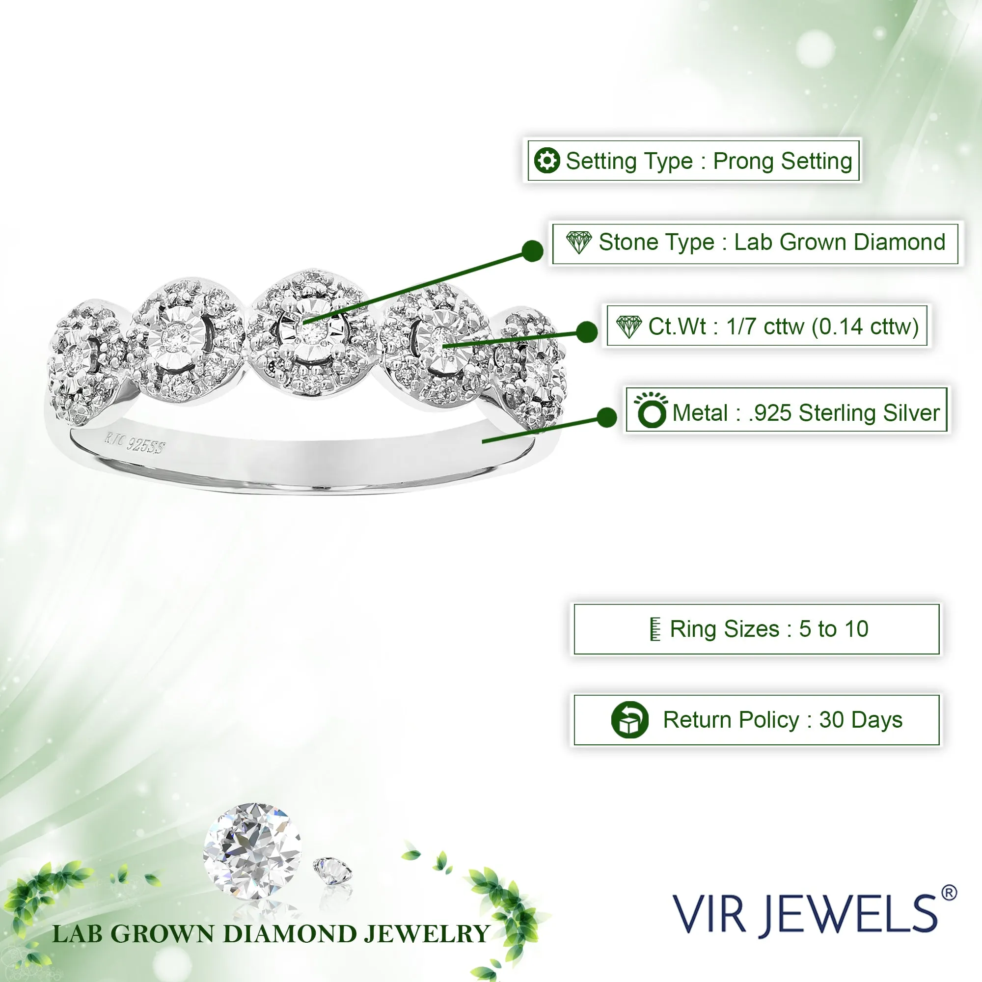 1/7 cttw Five Lab Grown Diamond Wedding Ring in Sterling Silver