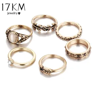 17KM Retro Style Vintage Leaf Boho Jewelry Unique Carving Tibetan Gold Color Rings for Woman 6PCS/Set Punk Opal Ring Sets