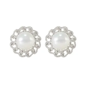 18KT White Gold South Sea Pearl and Diamond Chain Halo Earrings