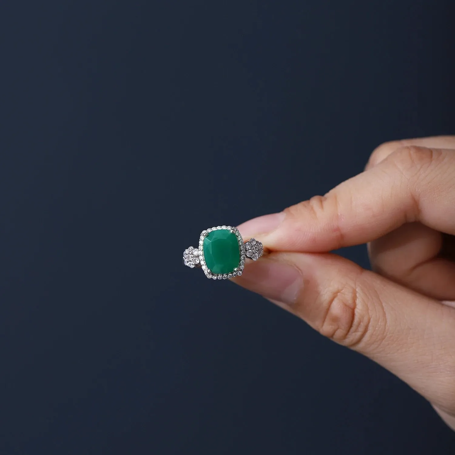 925 Sterling Silver Green Agate Gemstone Engagement & Wedding Ring – Fine Jewelry