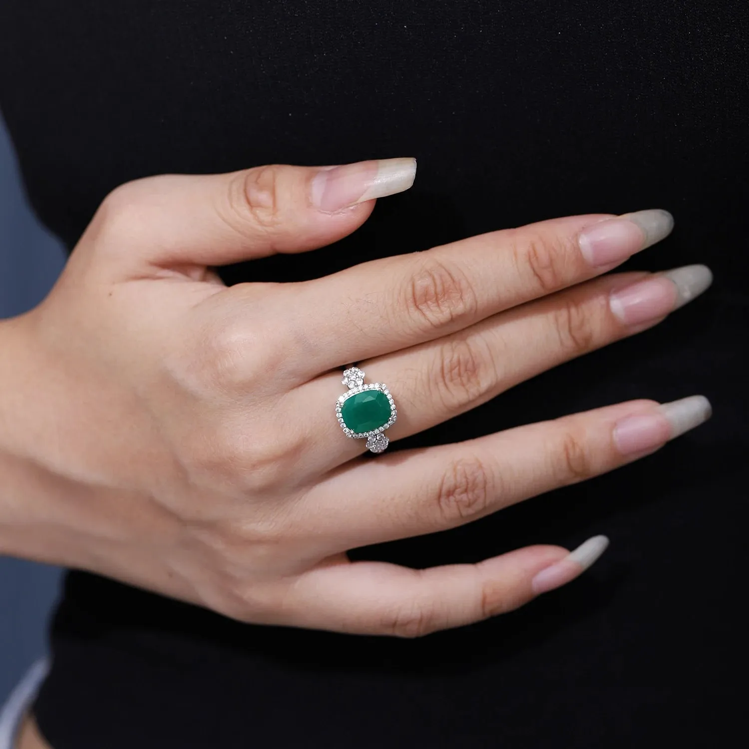 925 Sterling Silver Green Agate Gemstone Engagement & Wedding Ring – Fine Jewelry