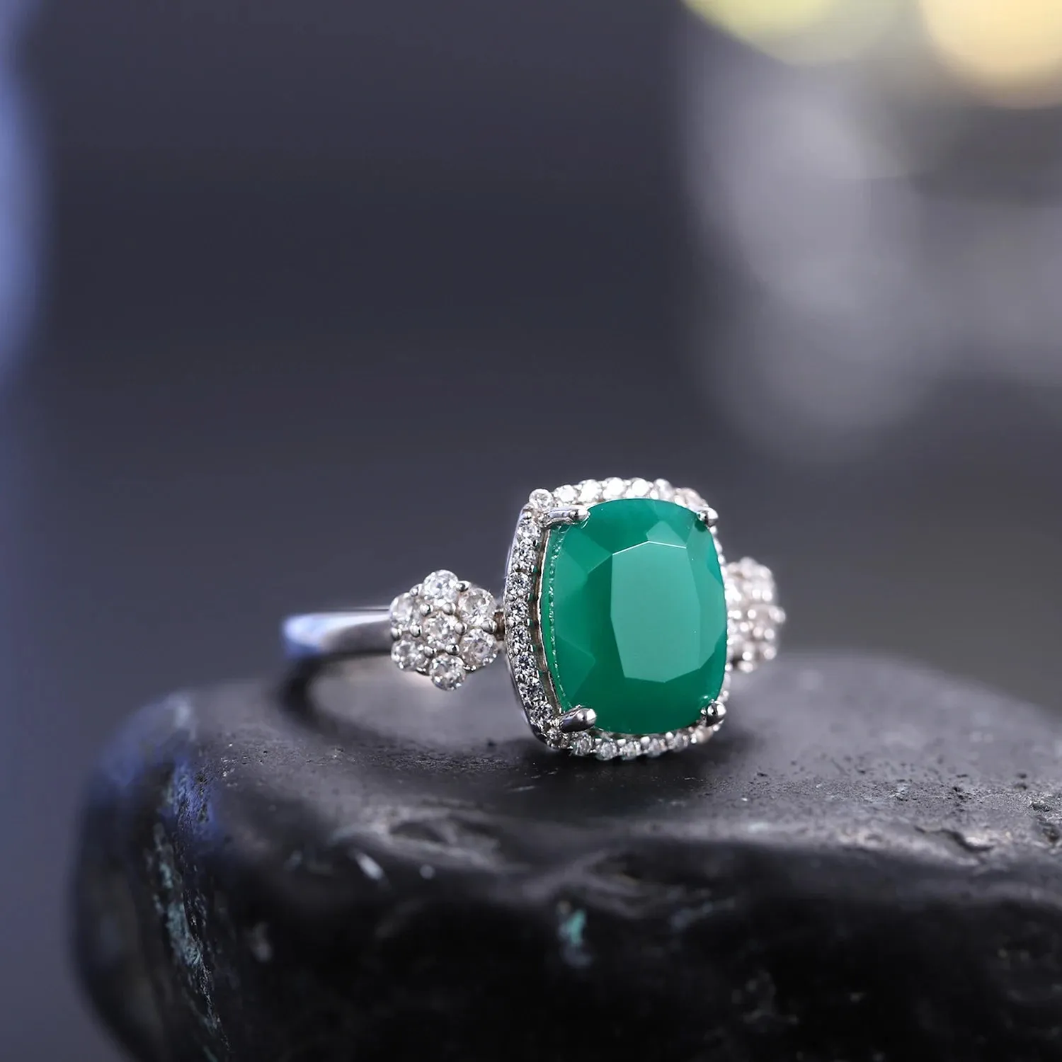 925 Sterling Silver Green Agate Gemstone Engagement & Wedding Ring – Fine Jewelry