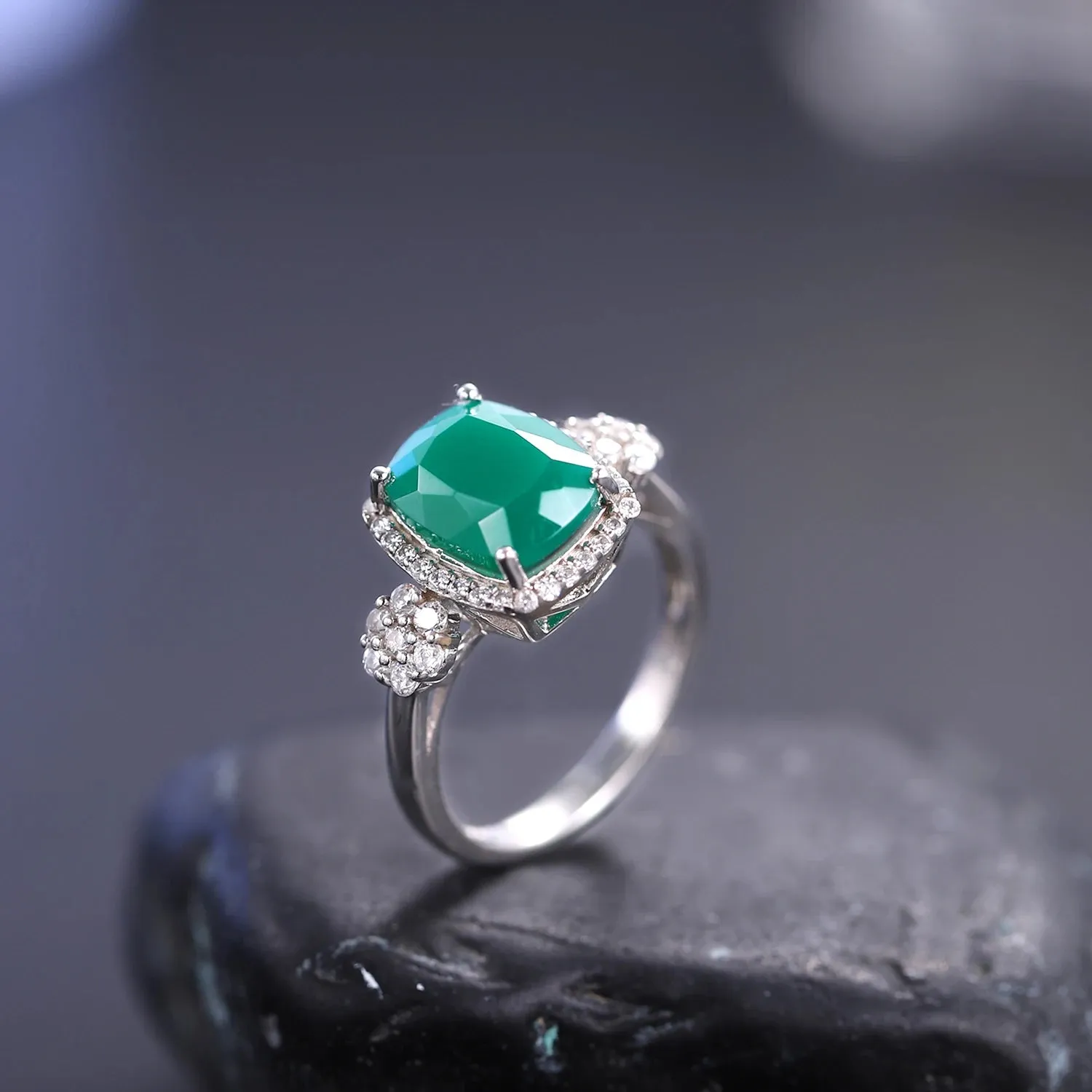 925 Sterling Silver Green Agate Gemstone Engagement & Wedding Ring – Fine Jewelry