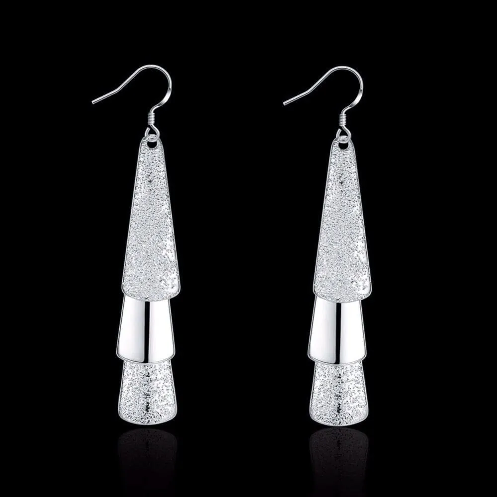 925 Sterling Silver Posts Bridal Dangle Earrings, Bridesmaid Triple Layer Triangle Statement Earrings