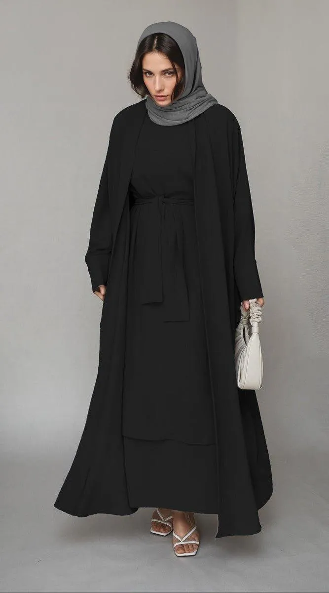 Alosia three piece abaya set with ling sleeve slip dress throw over and a belt in black