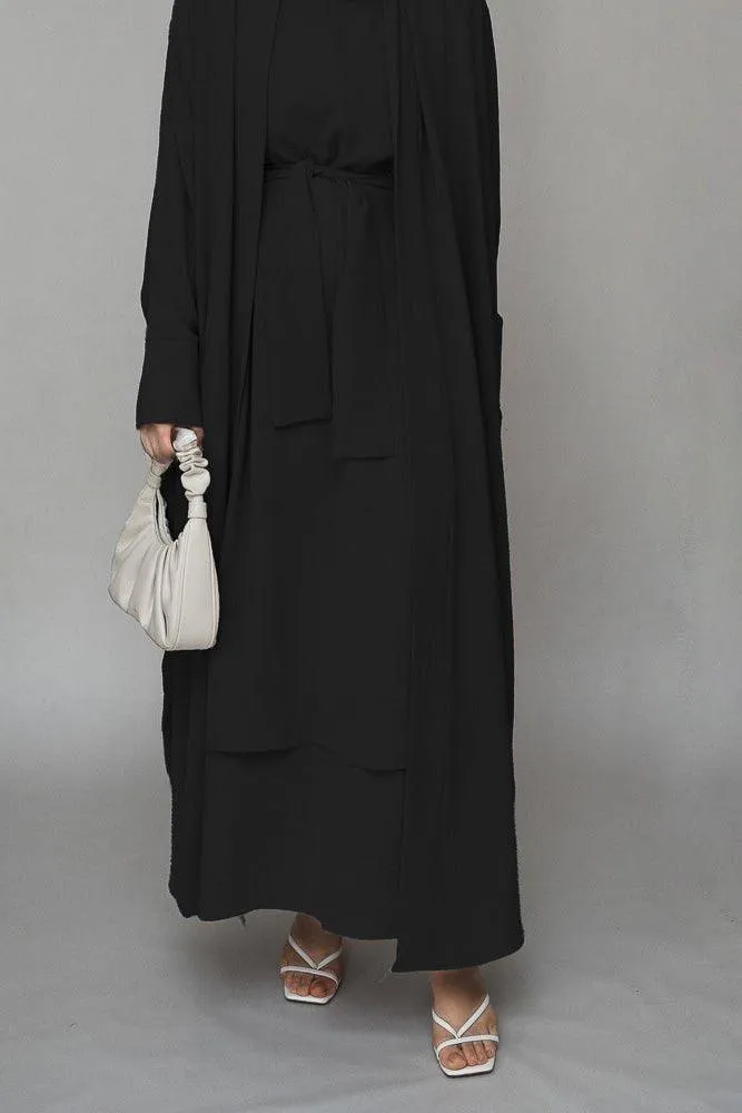 Alosia three piece abaya set with ling sleeve slip dress throw over and a belt in black