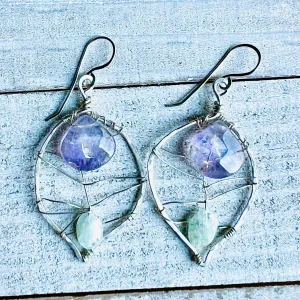 Amethyst & Aquamarine Leaf Earrings | Handcrafted with Fine Silver