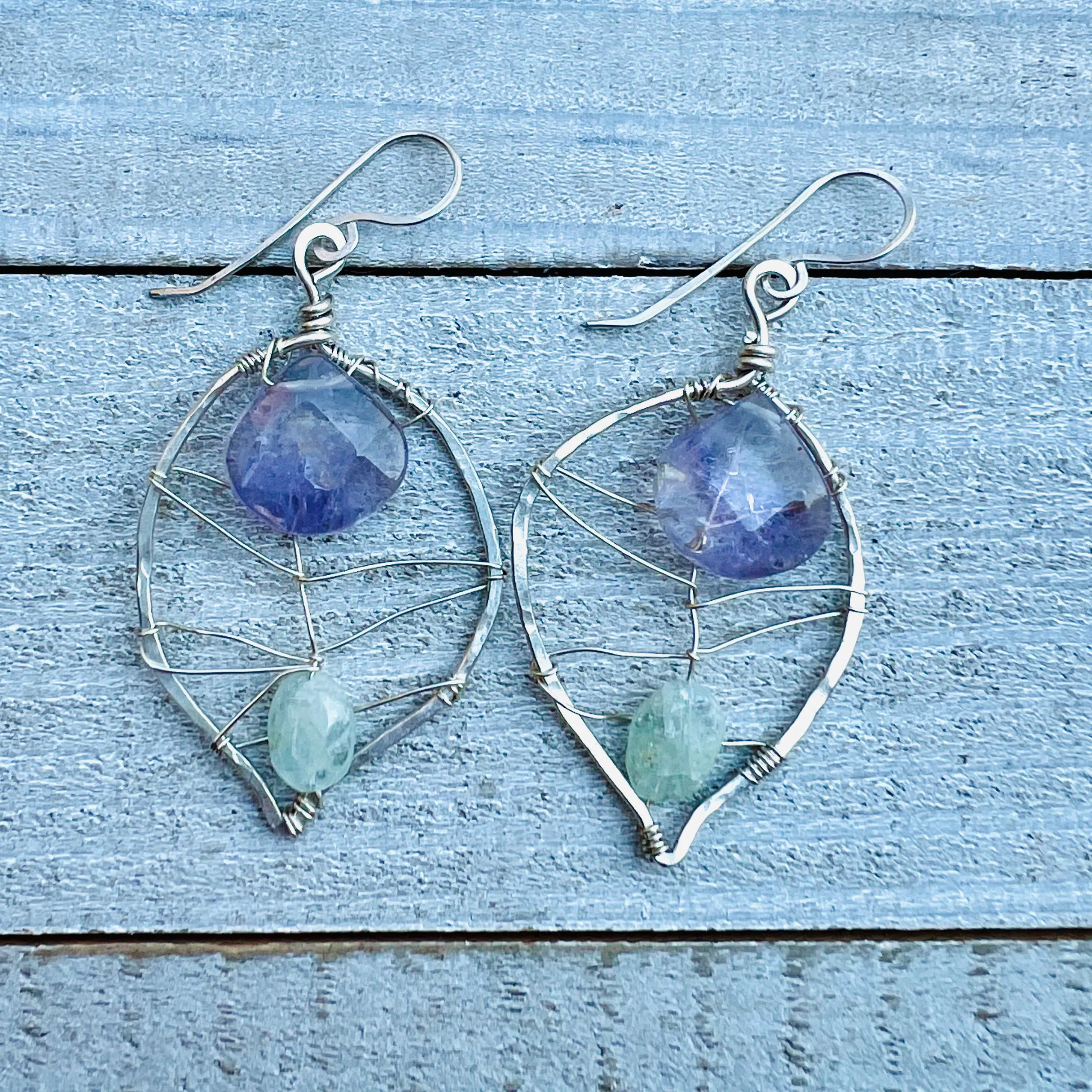 Amethyst & Aquamarine Leaf Earrings | Handcrafted with Fine Silver