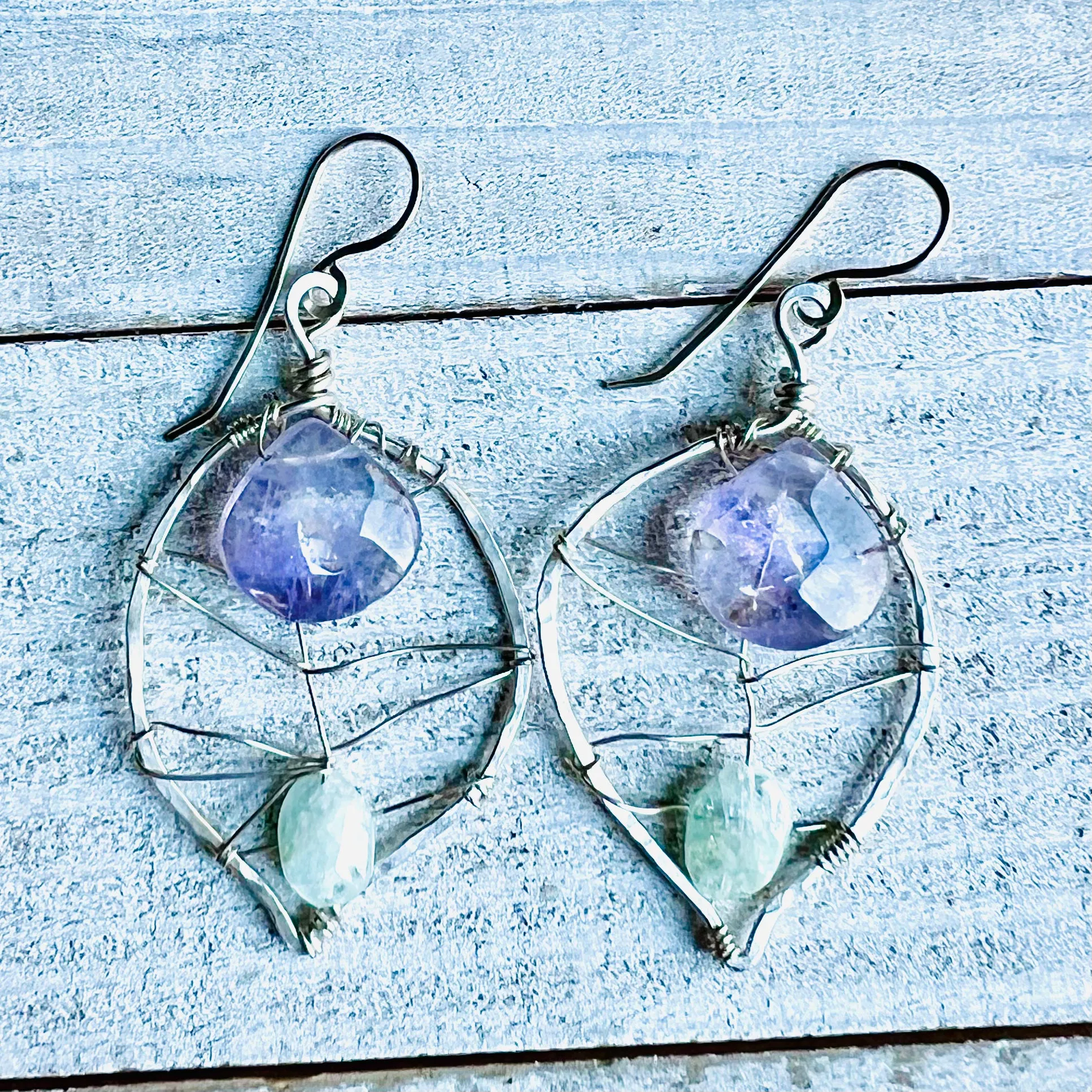 Amethyst & Aquamarine Leaf Earrings | Handcrafted with Fine Silver