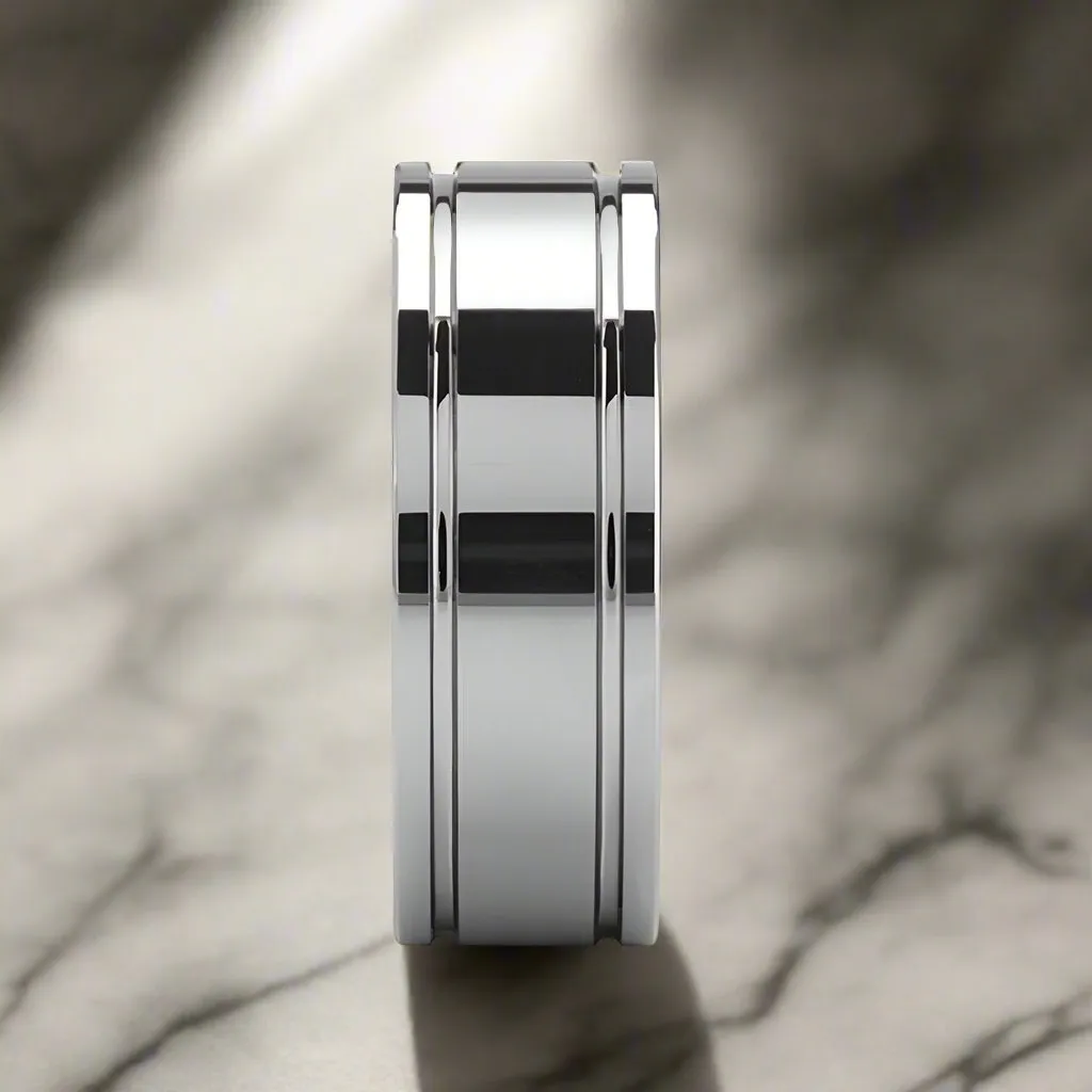ANCHORAGE | Silver Tungsten Ring, Shiny Dual Grooves, Flat