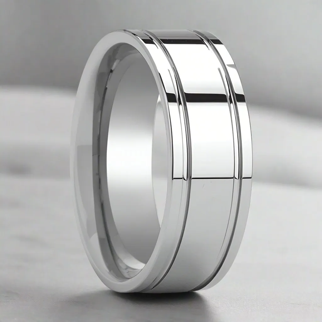 ANCHORAGE | Silver Tungsten Ring, Shiny Dual Grooves, Flat