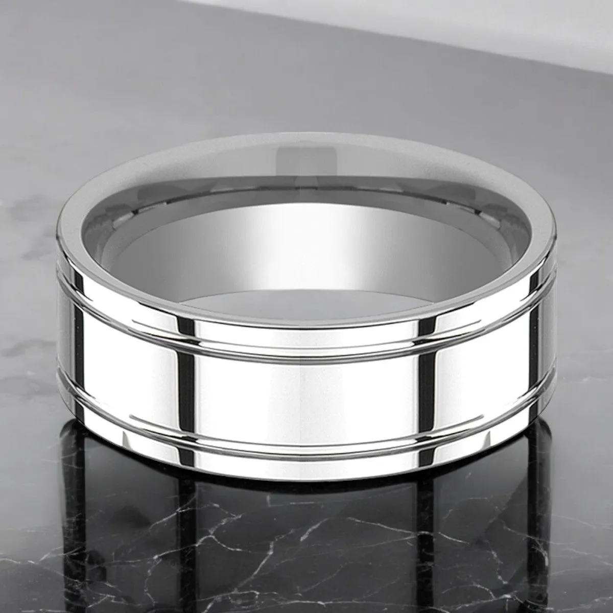 ANCHORAGE | Silver Tungsten Ring, Shiny Dual Grooves, Flat