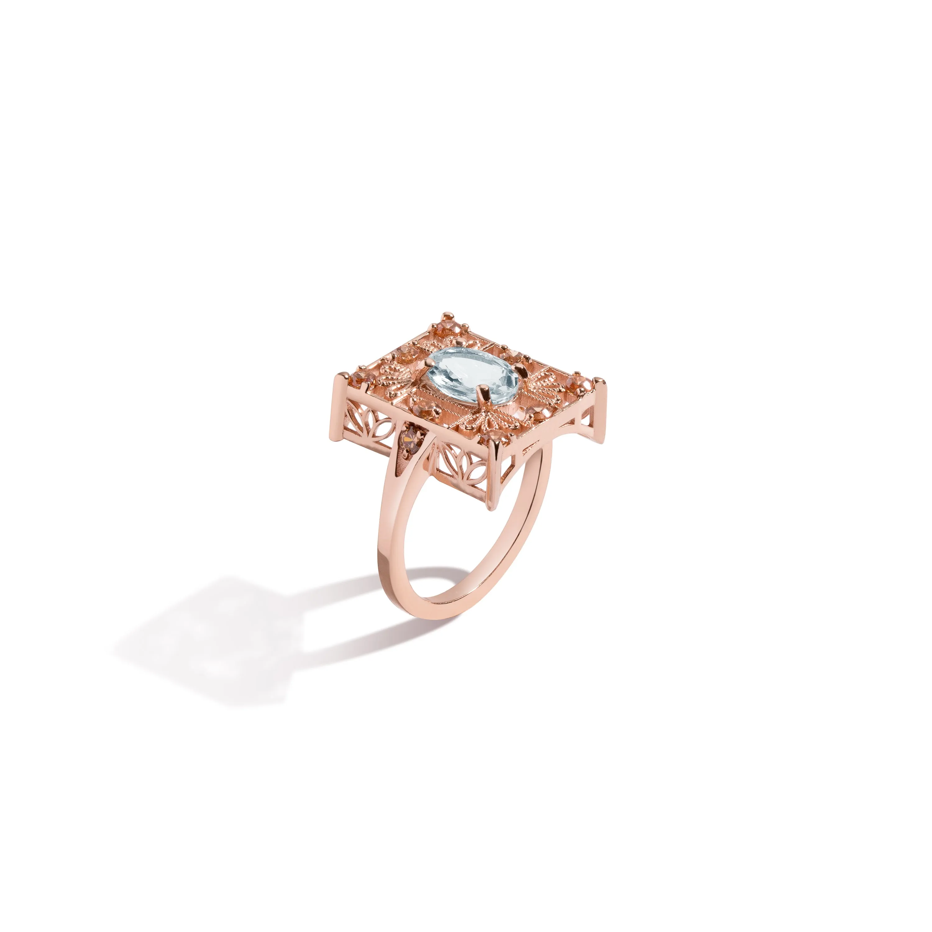 Aquamarine   Rose Gold Ring with Champagne Diamonds