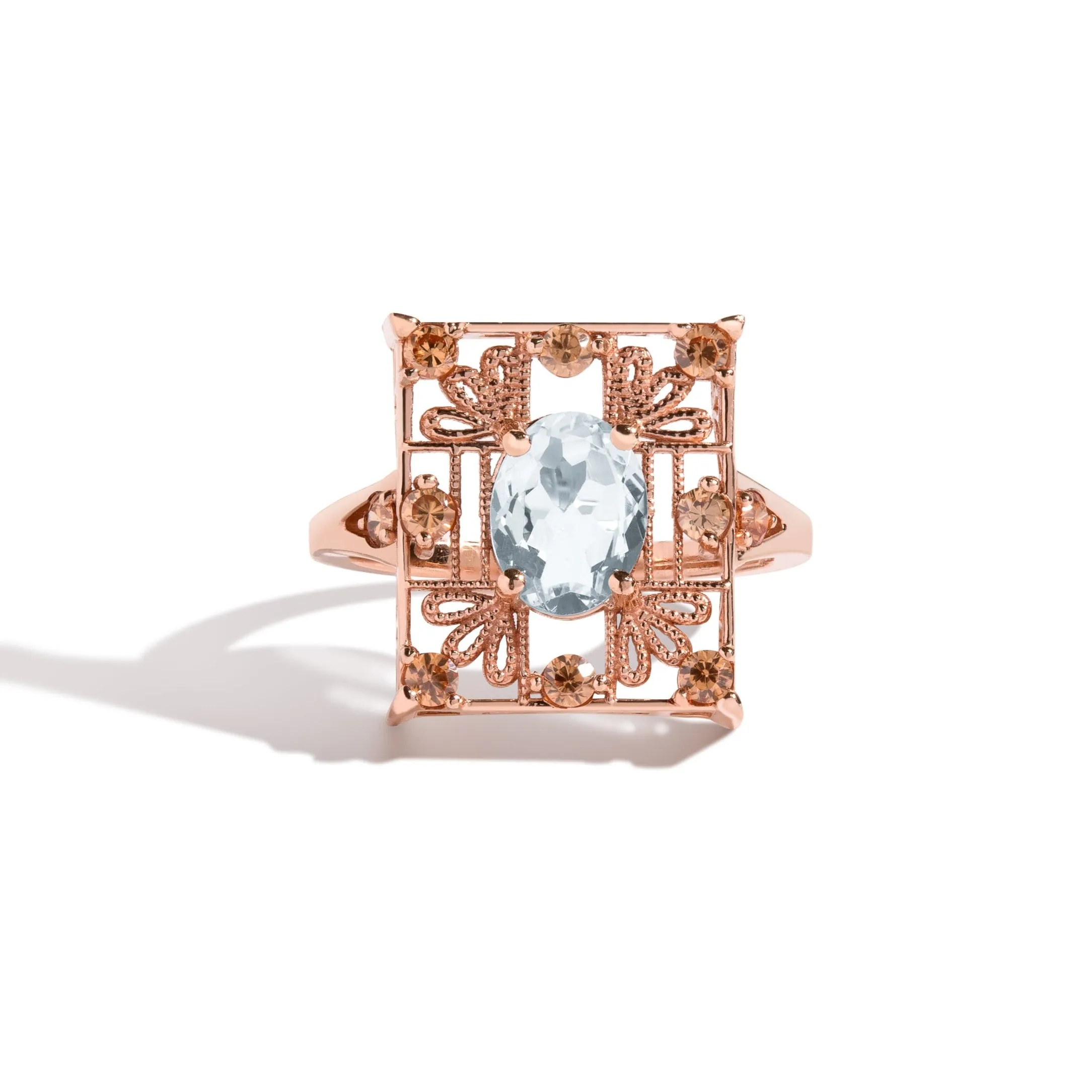 Aquamarine   Rose Gold Ring with Champagne Diamonds