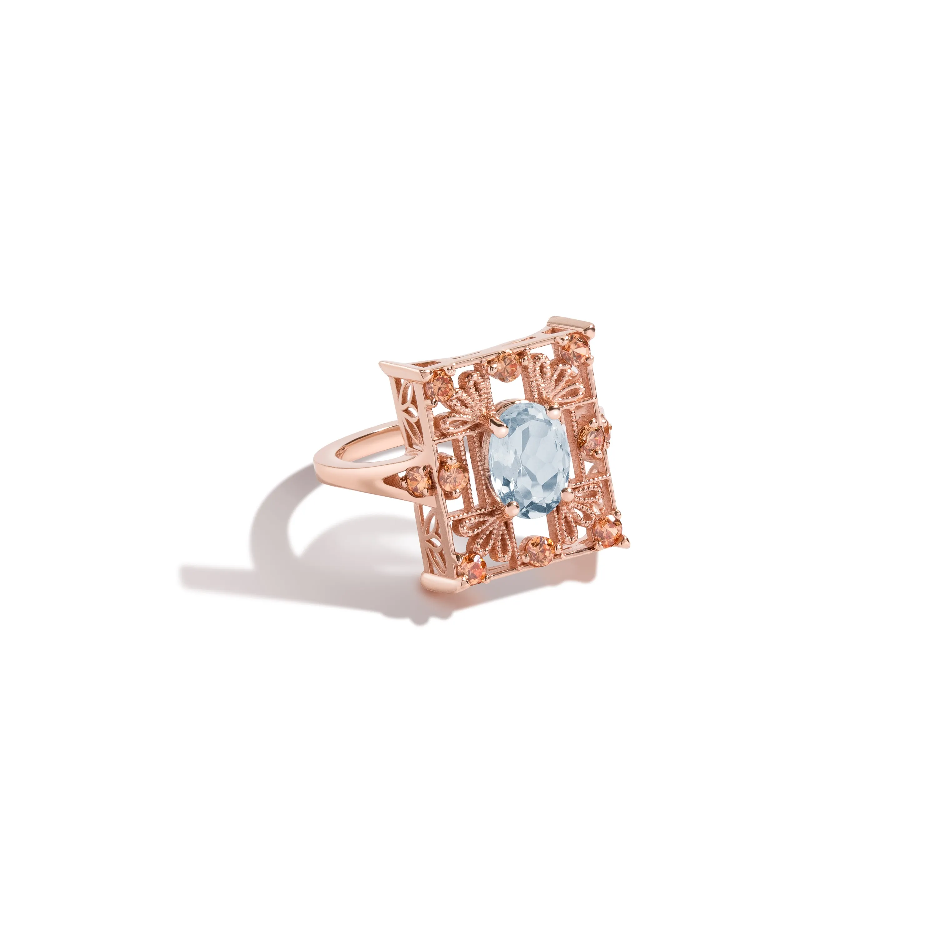 Aquamarine   Rose Gold Ring with Champagne Diamonds