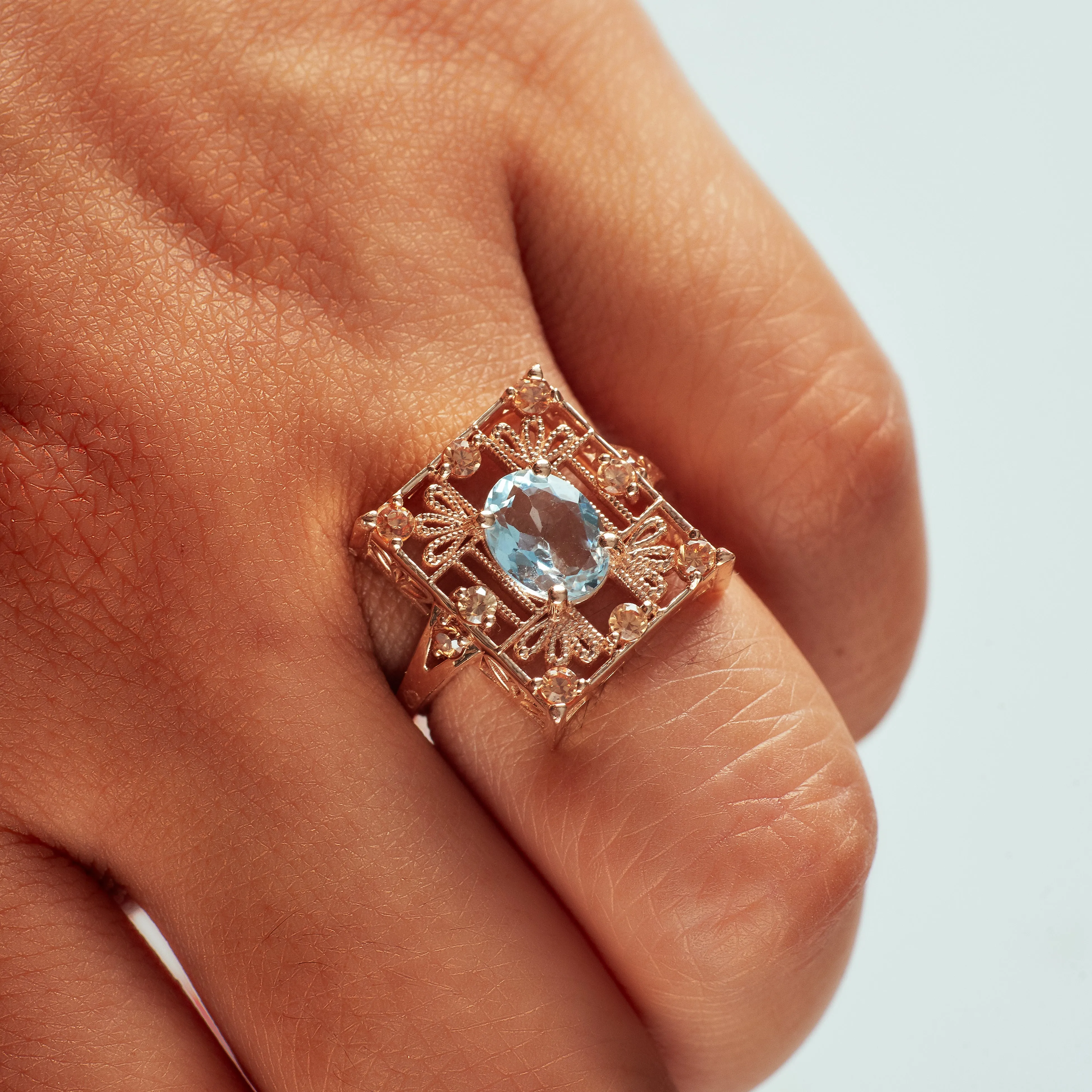 Aquamarine   Rose Gold Ring with Champagne Diamonds