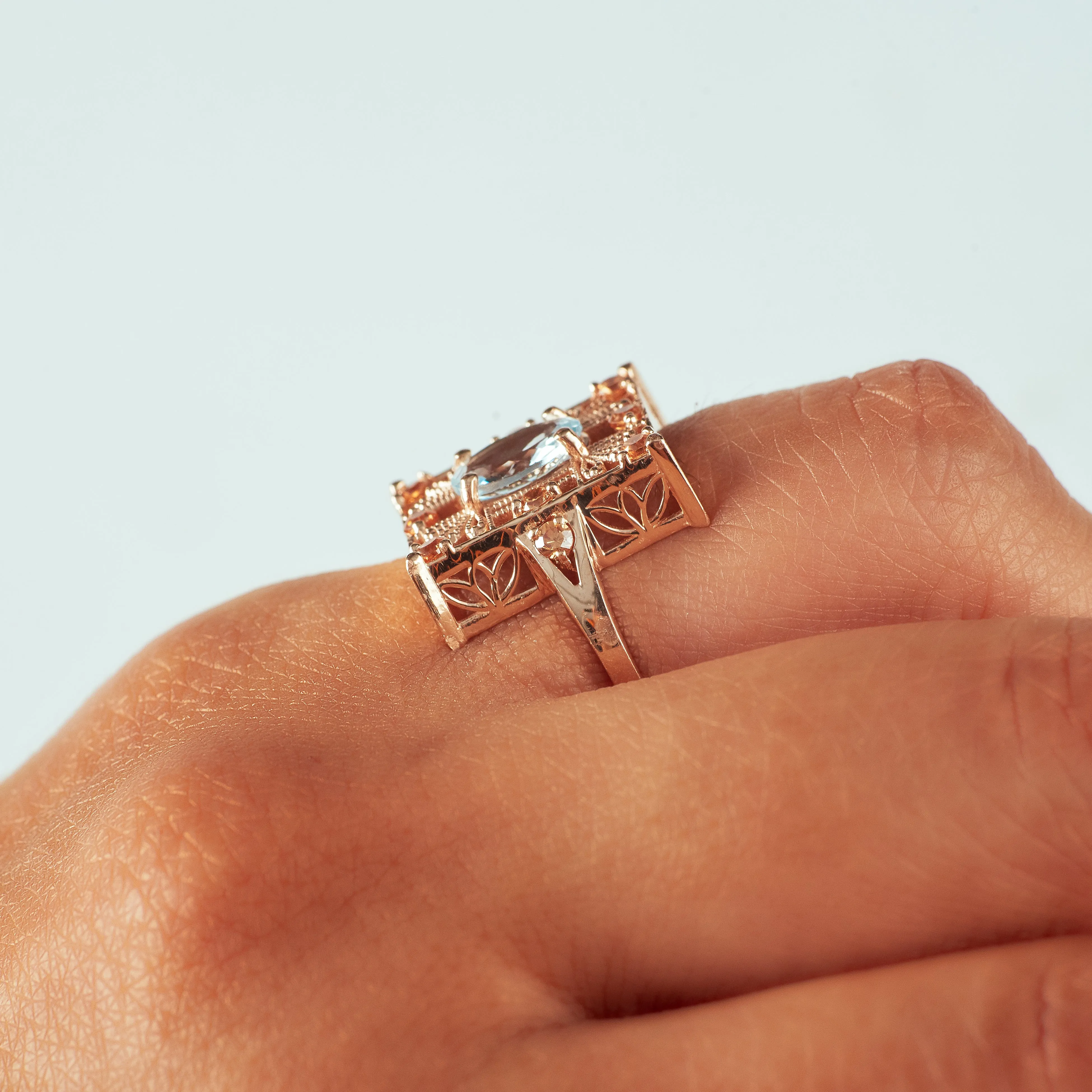 Aquamarine   Rose Gold Ring with Champagne Diamonds