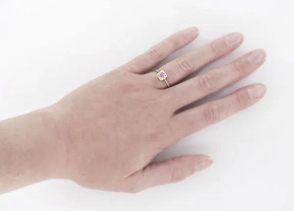 Art Deco Filigree Scrolls Engraved Pink Sapphire Engagement Ring in 14 Karat Rose Gold