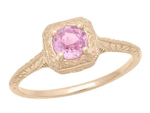 Art Deco Filigree Scrolls Engraved Pink Sapphire Engagement Ring in 14 Karat Rose Gold