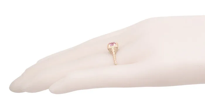 Art Deco Filigree Scrolls Engraved Pink Sapphire Engagement Ring in 14 Karat Rose Gold