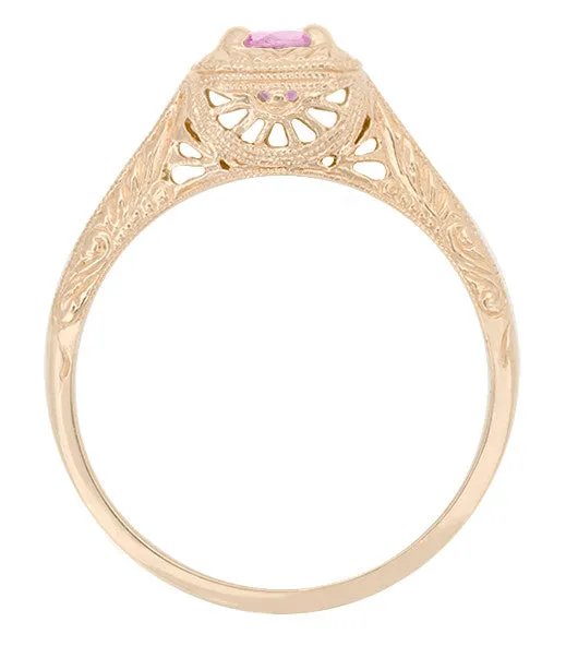 Art Deco Filigree Scrolls Engraved Pink Sapphire Engagement Ring in 14 Karat Rose Gold