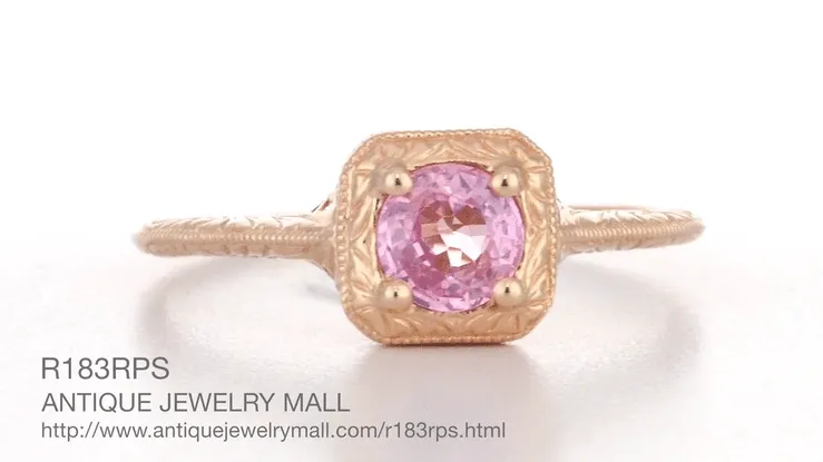 Art Deco Filigree Scrolls Engraved Pink Sapphire Engagement Ring in 14 Karat Rose Gold