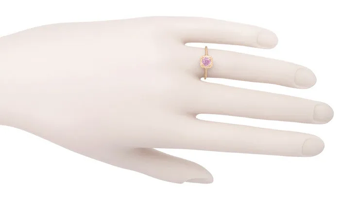 Art Deco Filigree Scrolls Engraved Pink Sapphire Engagement Ring in 14 Karat Rose Gold