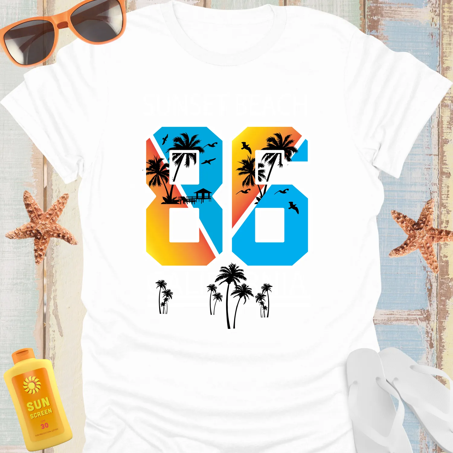 Beach Vibe Sunset California T-Shirt With Palm Design
