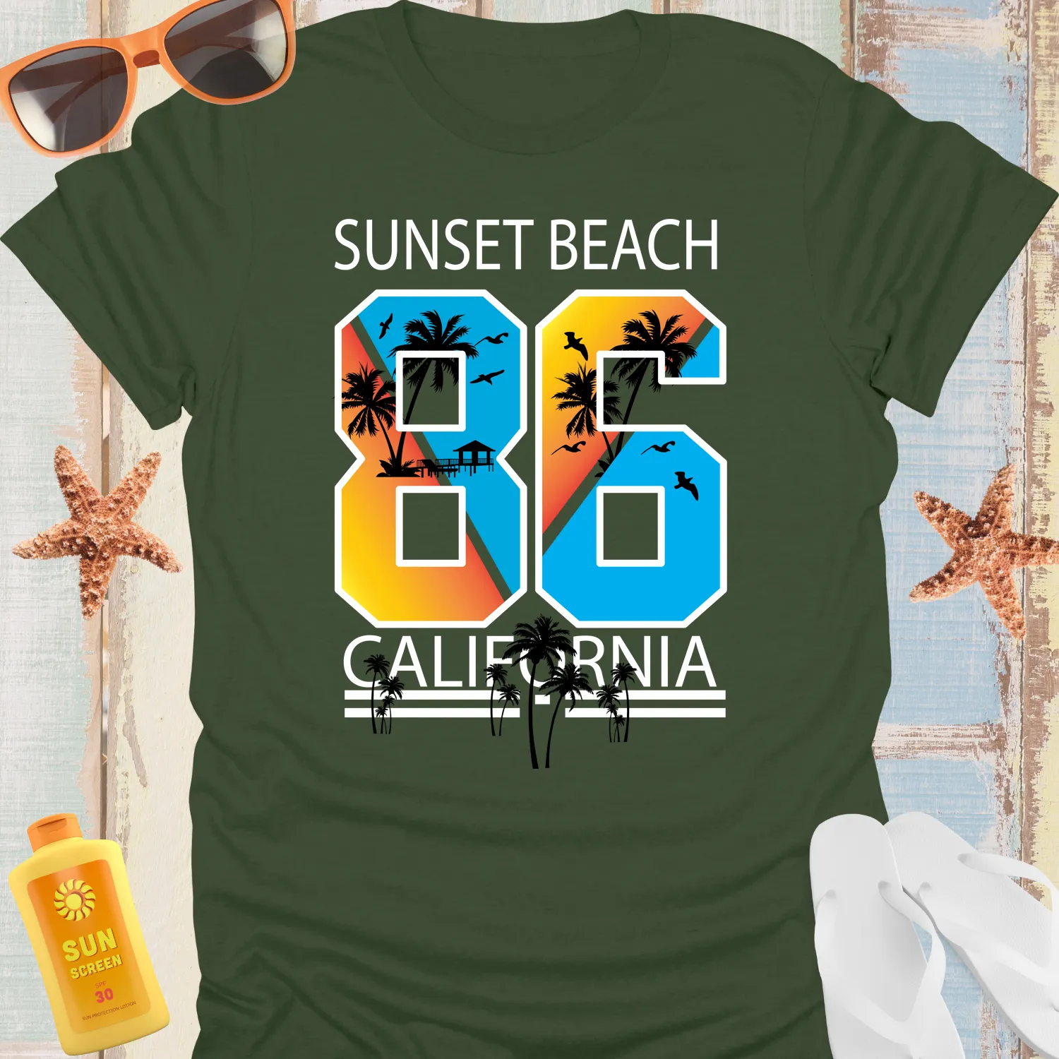 Beach Vibe Sunset California T-Shirt With Palm Design