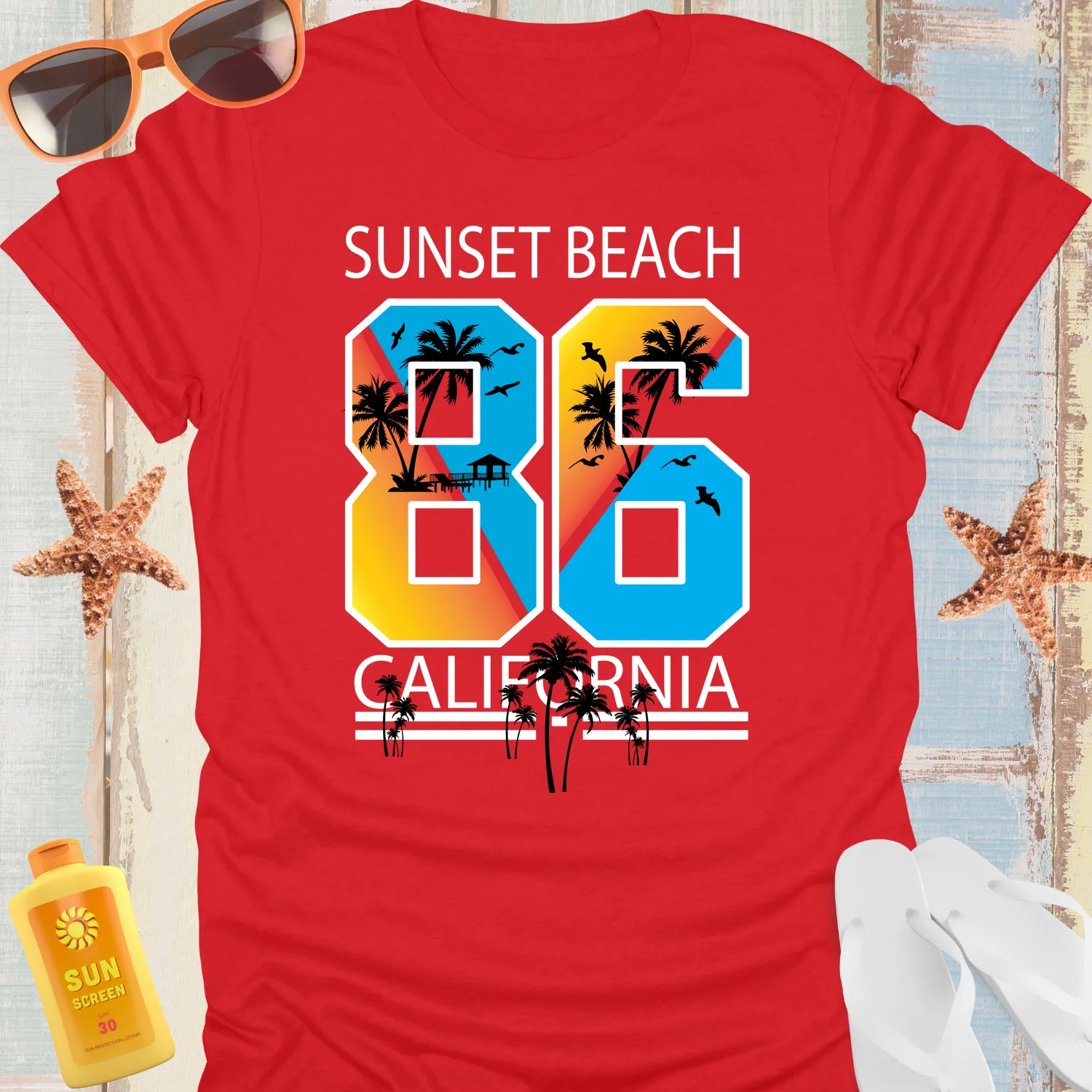 Beach Vibe Sunset California T-Shirt With Palm Design