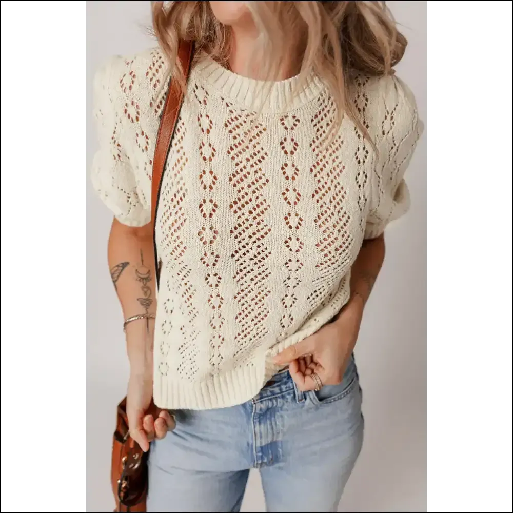 Beige Hollowed Knit Puff Sleeve Top: your Existential Knit-mare 🤣 Needful Things