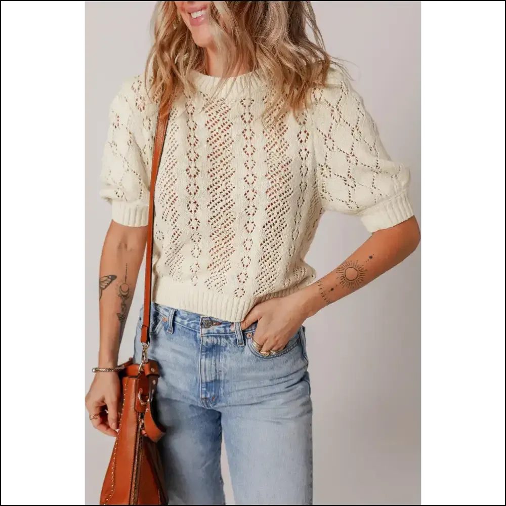 Beige Hollowed Knit Puff Sleeve Top: your Existential Knit-mare 🤣 Needful Things