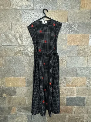 Black check long dress with hand embroidery