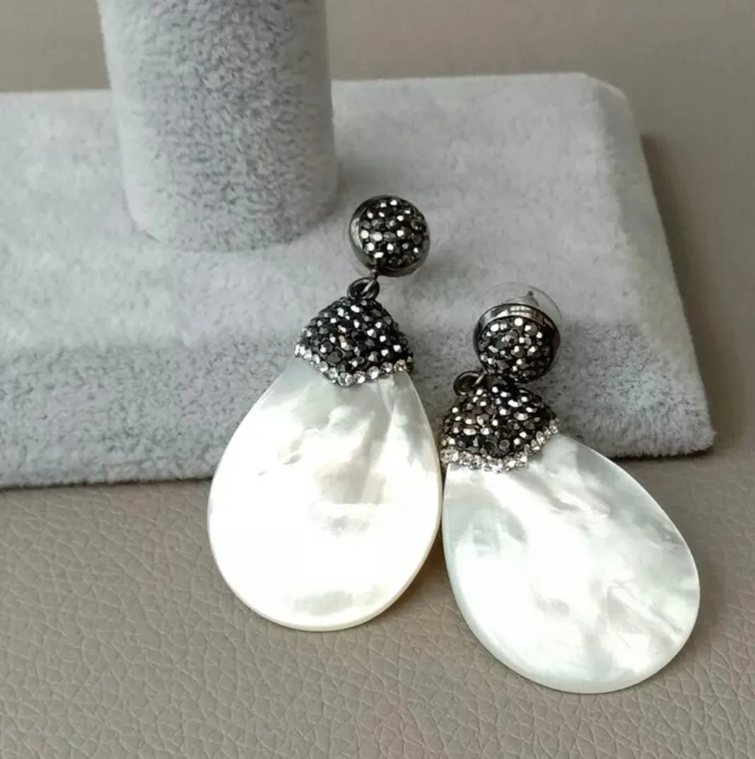 Black Marcasite & White Mother Of Pearl Gemstone Dangle Earrings 2"