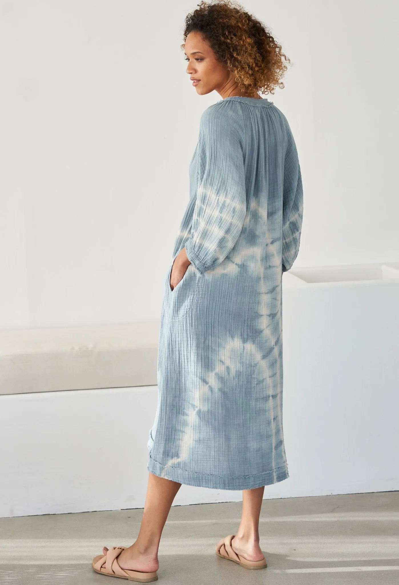 Blue River Print Gauze Dress with Pockets