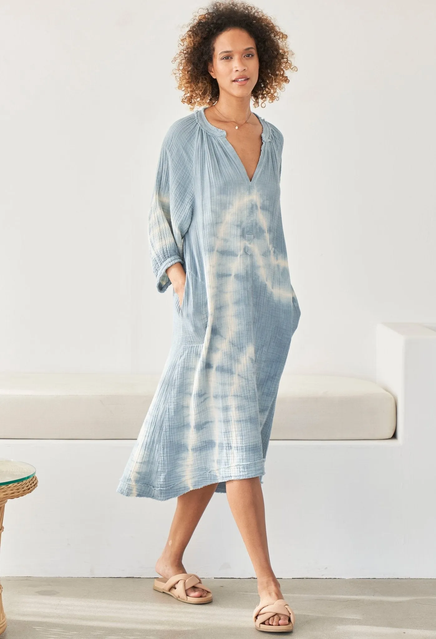 Blue River Print Gauze Dress with Pockets