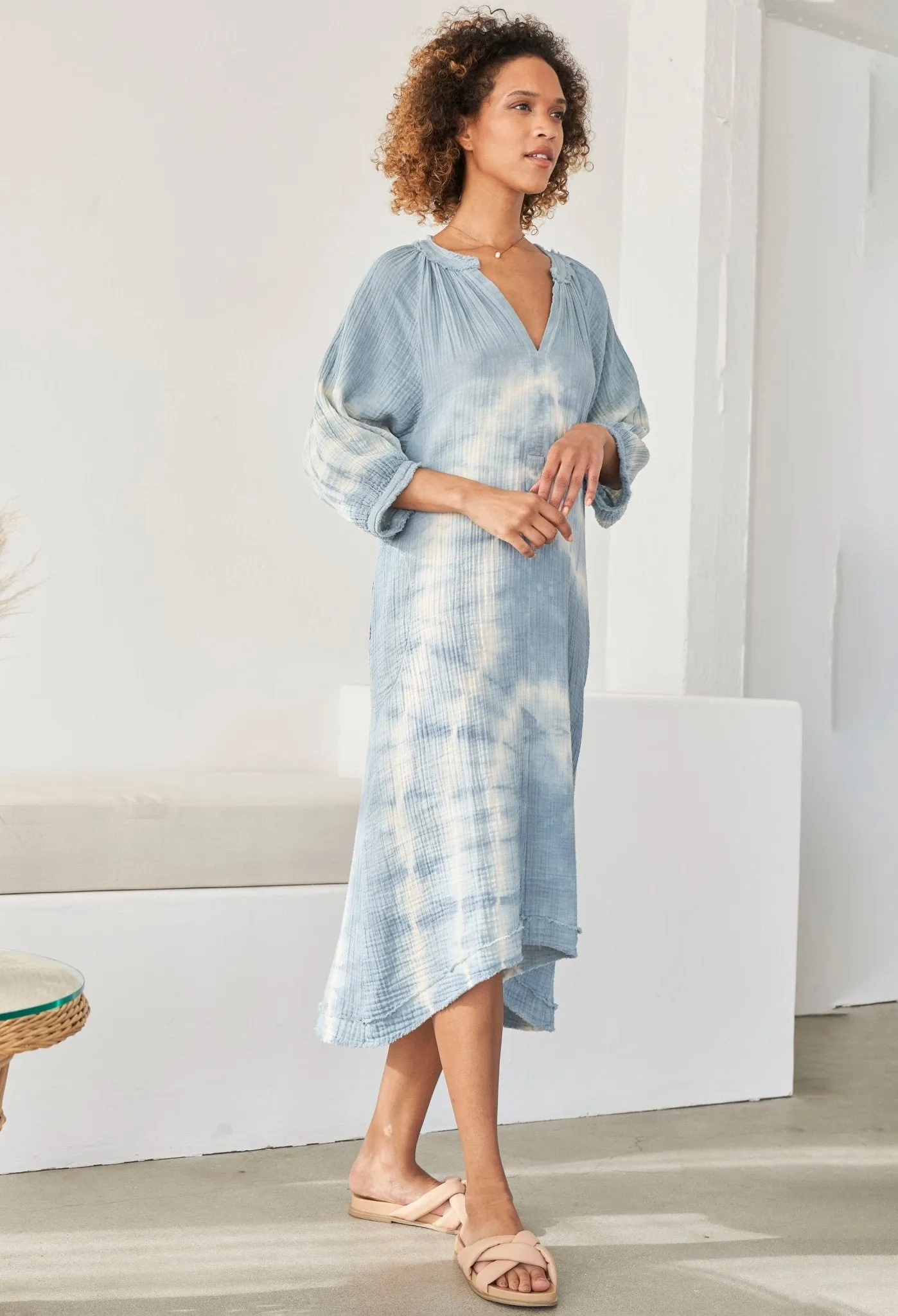 Blue River Print Gauze Dress with Pockets