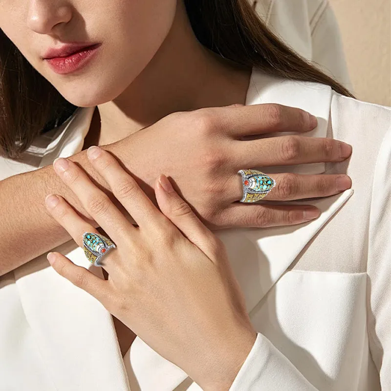 Classic Design Geometric Blue-Yellow Adjustable Rotating Ring