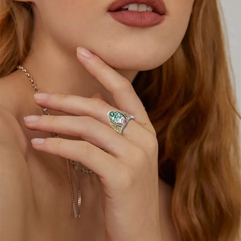 Classic Design Geometric Blue-Yellow Adjustable Rotating Ring