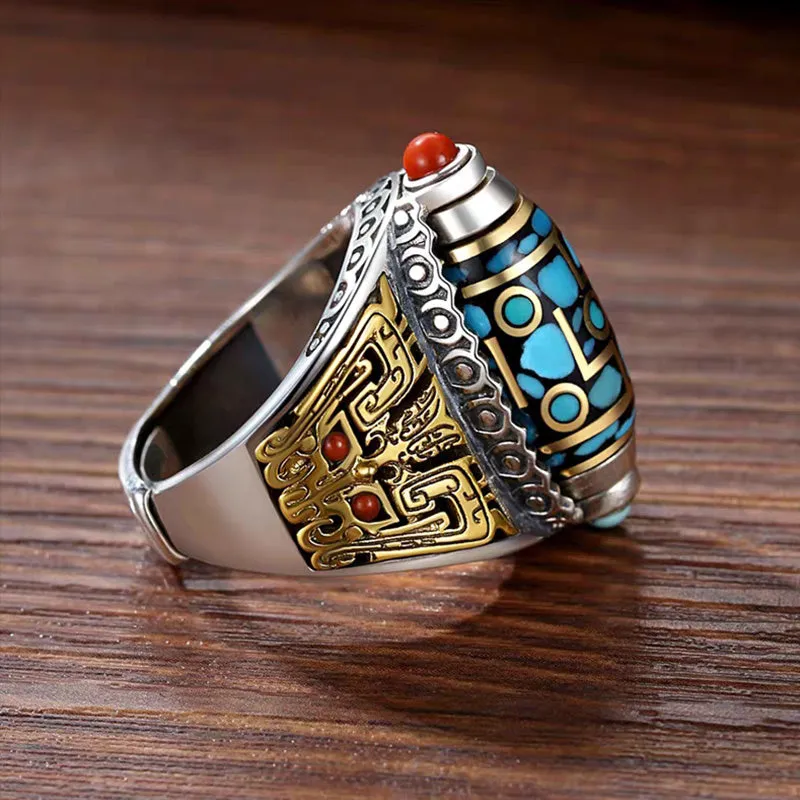 Classic Design Geometric Blue-Yellow Adjustable Rotating Ring