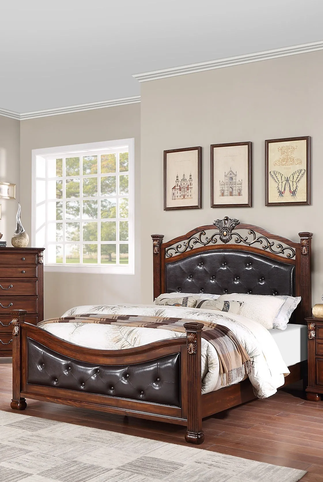 Classically Styled Dark Cherry & Tufted Faux Leather Queen Bed