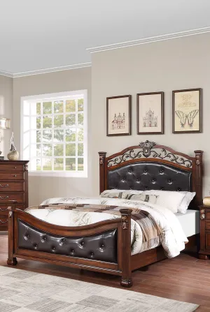Classically Styled Dark Cherry & Tufted Faux Leather Queen Bed