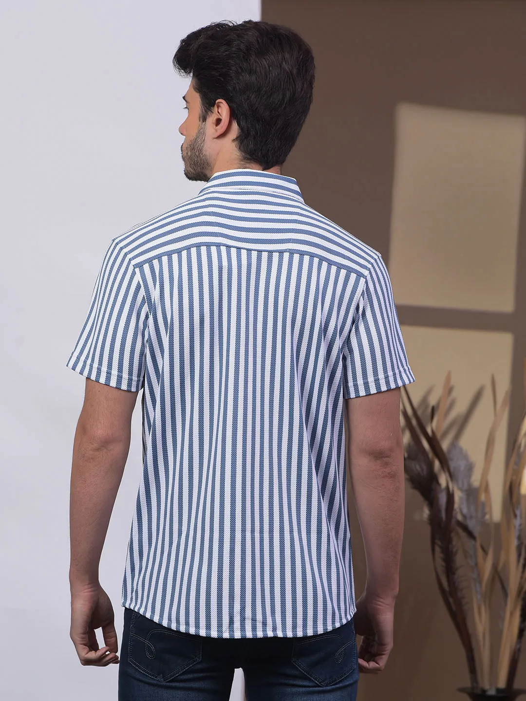 COBB STEEL BLUE STRIPED HALF-SLEEVE CASUAL SHIRT